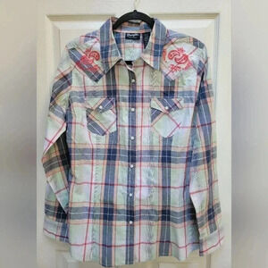 Wrangler Retro Women's Snap Button Long Sleeve Plaid Shirt Size Large